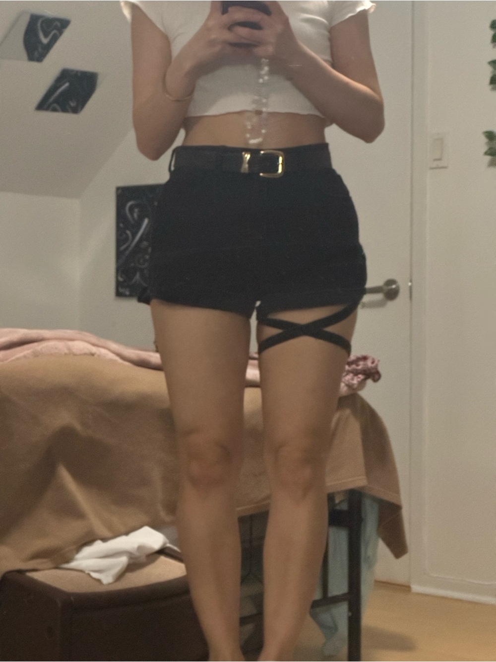 Black High-Waist Shorts with Strappy Thigh Detail